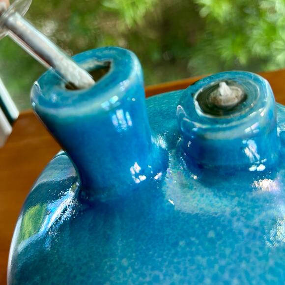 Vintage Latterman Studio Pottery Oil Lamp – Blue Glazed Double Spout, - Picture 7 of 12